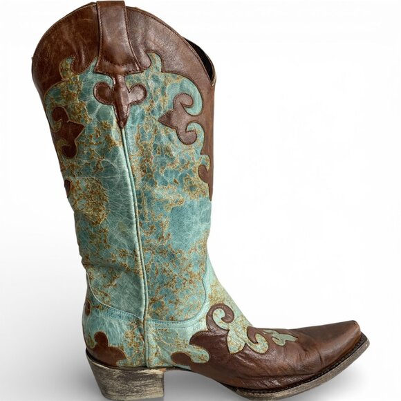 Lane Turquoise Brown Snip Toe Leather Cowboy Western Cowgirl Boots Women's 10.5 - Picture 6 of 13